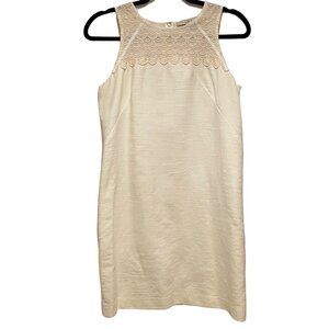 LOFT Cream Sleeveless 100% Cotton Scalloped Yoke High-Neck Mini Dress Size 4
